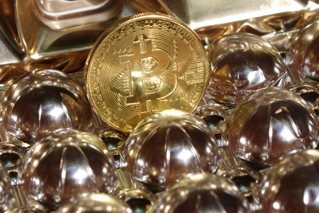 Bitcoin on abstract background. Bitcoin. Cryptocurrency background conception.の写真素材