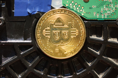 Bitcoin on abstract background. Bitcoin. Cryptocurrency background conception.の写真素材