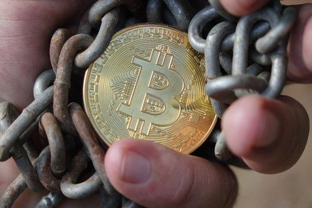 Bitcoin on abstract background. Bitcoin. Cryptocurrency background conception.の写真素材