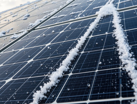 solar panel covered with snow in winter, note shallow depth of fieldの素材