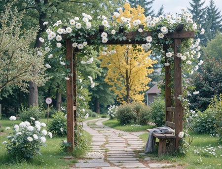 Wooden arch in the park with white flowers and yellow flowers.の素材