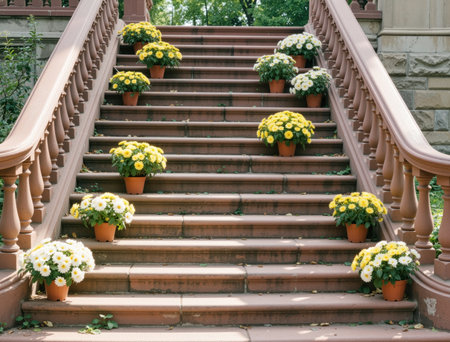 chrysanthemums in pots on the stairs in the parkの素材