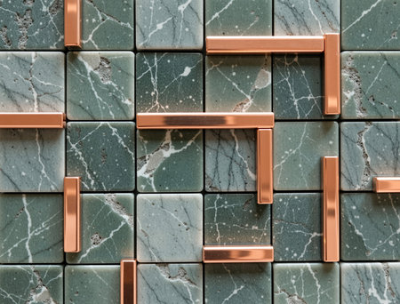 Ceramic tile wall with golden bars. 3d render.の素材