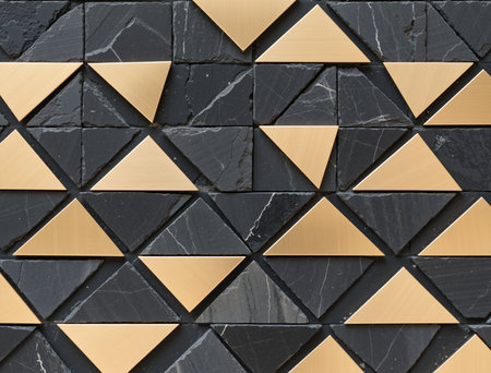 Background of black marble wall with gold and golden triangles. Square image.の素材
