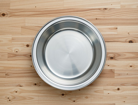 Top view of a stainless steel cooking pot on a wooden background.の素材