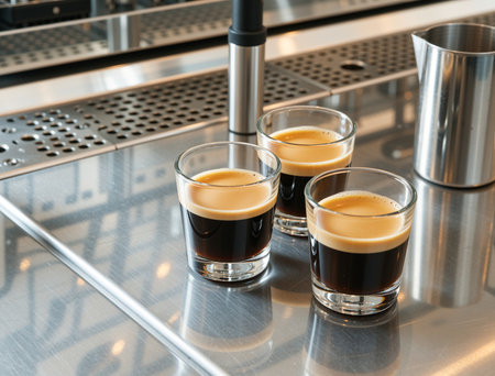 three glasses of espresso coffee on the bar counter in the cafe.の素材