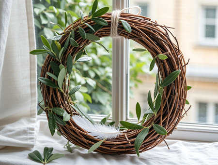 Wreath of branches with green leaves and a white feather on the windowsillの素材
