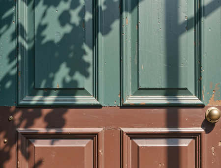 Wooden door with shadow of a tree on the green wall.の素材