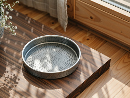 Close-up of a metal bowl on a wooden table in the sunlightの素材