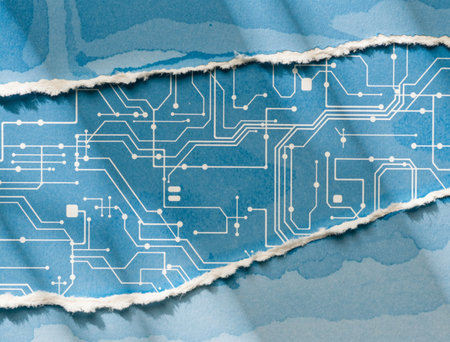 Pieces of paper with printed circuit board texture on blue background.の素材
