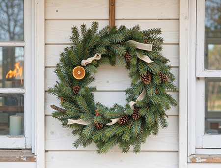 Christmas wreath on the door of a wooden house. Christmas decoration.の素材