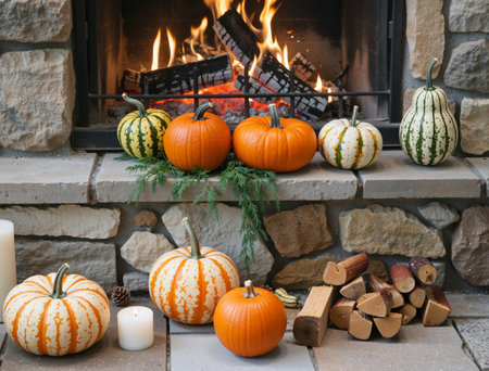 Pumpkins and candles on the fireplace in a country house.の素材