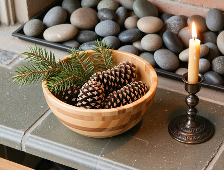 Wooden bowl with fir cones and burning candle on stone countertopの素材