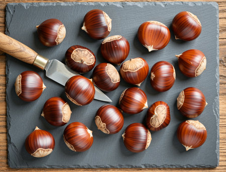 Fresh chestnuts on a slate plate with a knife. Top viewの素材
