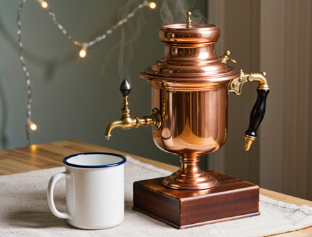Copper samovar with a cup of coffee on the tableの素材