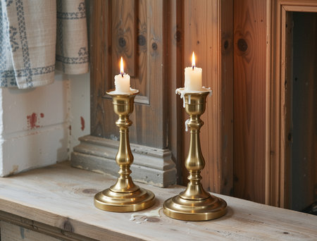 Burning candles in vintage brass candlesticks on a wooden backgroundの素材