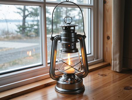 Lantern on the windowsill in a country house. Travel conceptの素材