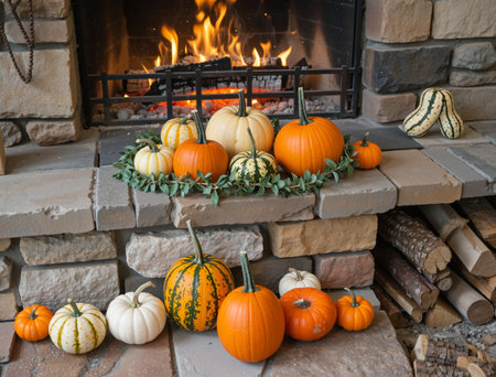 Autumn decoration with pumpkins in front of the fireplace in the country houseの素材