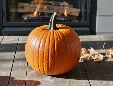 Pumpkin on a wooden table with a fireplace in the backgroundの素材