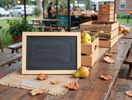 Empty chalkboard with apple and pear on wooden table in outdoor cafeの素材