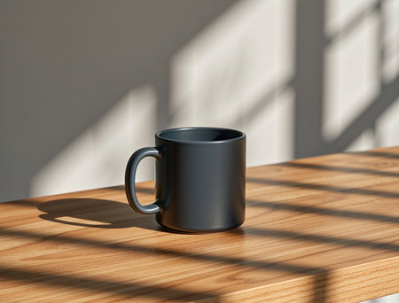Black mug on a wooden table in sunlight. 3d rendering.の素材