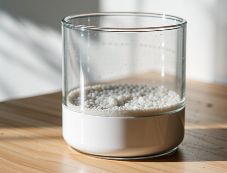 Coconut granules in a glass container on a wooden tableの素材