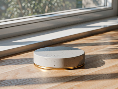 Empty round podium on wooden floor near window with sunlight. 3d renderの素材