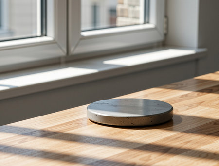 Round metal stand on a wooden table in a room with a windowの素材