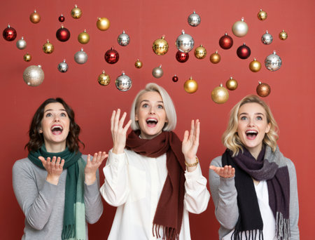 Three excited young women friends looking up with open mouths and hands raised. Surprised by numerous shiny christmas ornaments floating in the air against a red background during holiday celebrationsの素材