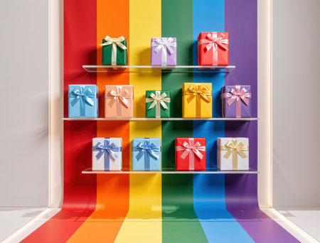3d render of colorful gift boxes on a shelf in the roomの素材