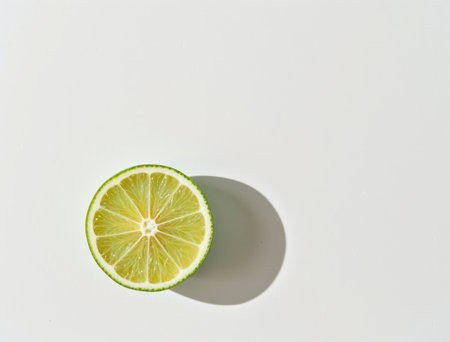 Freshly cut lime slice with vibrant green and yellow colors creating a distinct shadow, presenting a minimalist composition for healthy eating and summer freshnessの素材