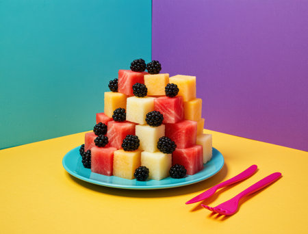Cubed watermelon, cantaloupe, honeydew, and blackberries creating a refreshing pyramid, sitting on a blue plate alongside pink plastic utensils against a vibrant geometric backgroundの素材