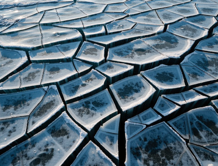 Breaking ice on a frozen lake or river reveals a captivating abstract pattern of cracks and polygonal shapes, reflecting the cold winter light and creating a textured blue surfaceの素材