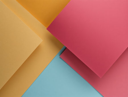 Abstract design featuring colorful paper squares and rectangles overlapping, forming geometric patterns and creating a dynamic backdrop with depth and shadowの素材