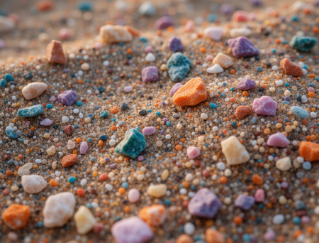 Macro close-up view showing numerous small, brightly colored pebbles scattered across fine light-brown sand grains, creating a vibrant, natural abstract background and textured surfaceの素材