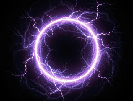 Electric lightning forming a glowing purple plasma ring, representing powerful energy, technology, and futuristic concepts, creating an abstract and dynamic backgroundの素材