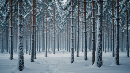 Winter forest landscape featuring numerous pine trees covered in fresh white snow, creating a serene and tranquil natural environment on a cold day with a clear path in the foregroundの素材