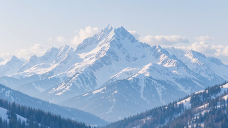 Snowy peaks of a vast mountain range rising into a bright blue sky, with forested slopes and gentle clouds creating a serene and expansive winter landscapeの素材