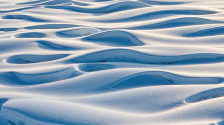 Snow covers the frozen landscape, creating intricate patterns of soft waves and gentle curves, with shadows highlighting the undulating texture of the winter surface under a cold blue skyの素材