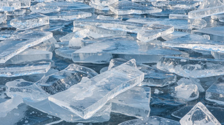 Transparent ice shards scattered across a frozen lake surface, glittering in cold winter light and forming a detailed blue, crystalline texture and reflective patternの素材