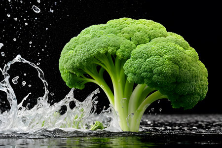 A sprig of broccoli falls into the water, splashing around. Black background. AI generative.の素材
