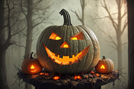 Pumpkin lanterns with sinister smiles, halloween illustration. AI generative.の素材