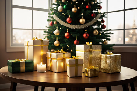 Christmas tree with gifts under it in a modern interior near the fireplace. AI generative.の素材