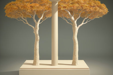 Minimalist background layout with a podium for product presentation. A podium and an autumn tree. AI generative.の素材