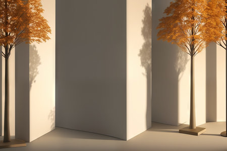 Minimalist background layout with a podium for product presentation. A podium and an autumn tree. AI generative.の素材