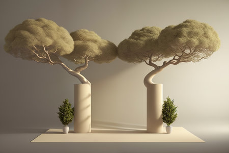 Minimalist background layout with a podium for product presentation. A podium and trees. AI generative.の素材