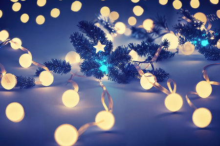 Christmas tree and garland with bulbs. AI generative.の素材