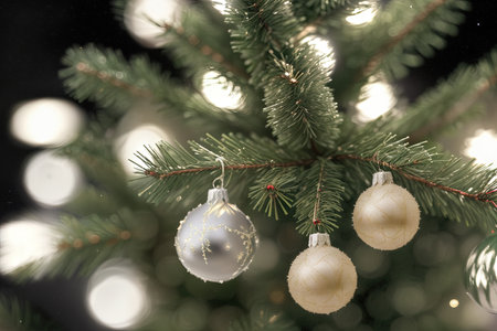 A close-up image of a beautifully decorated Christmas tree. AI generative.の素材