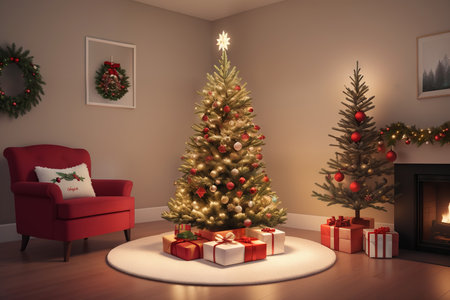 Christmas tree with gifts under it in a modern interior near the fireplace. AI generative.の素材