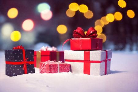 Boxes of gifts lying on the snow, close up view. AI generative.の素材